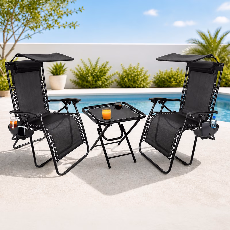 3pcs zero gravity sun lounger set with table 2 folding reclining chairs with canopy shade cup holder phone tray adjustable headrest portable garden patio beach chairs black