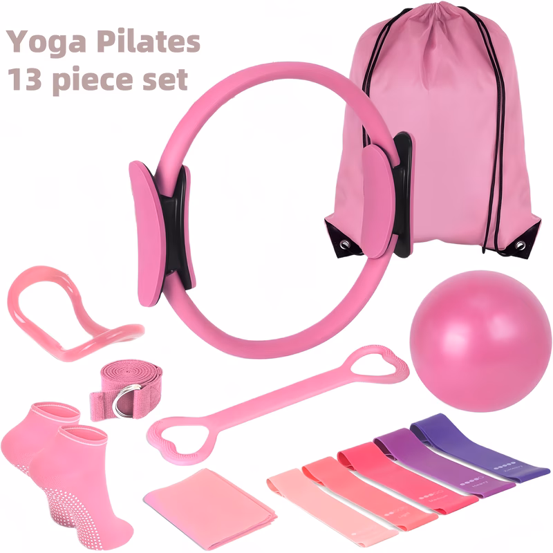 13pcs yoga fitness set home exercise yoga equipment accessories including 14 inch yoga ring yoga ball 5 bands stretching band yoga socks fitness storage bag suitable for womens yoga fitness gift