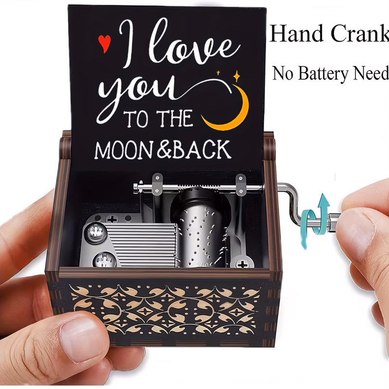 1pc hand cranked wooden music box with i love you back engraving retro carved design romantic gift for birthday valentines halloween christmas thanksgiving black