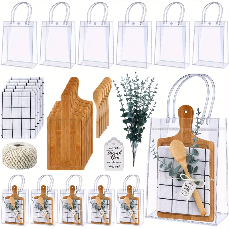 gift for her him 43pcs wedding favors suitable for wedding guest gifts bridal party prizes bamboo cheese boards bamboo spoons plaid towels artificial eucalyptus stems with tags bags multi item party f