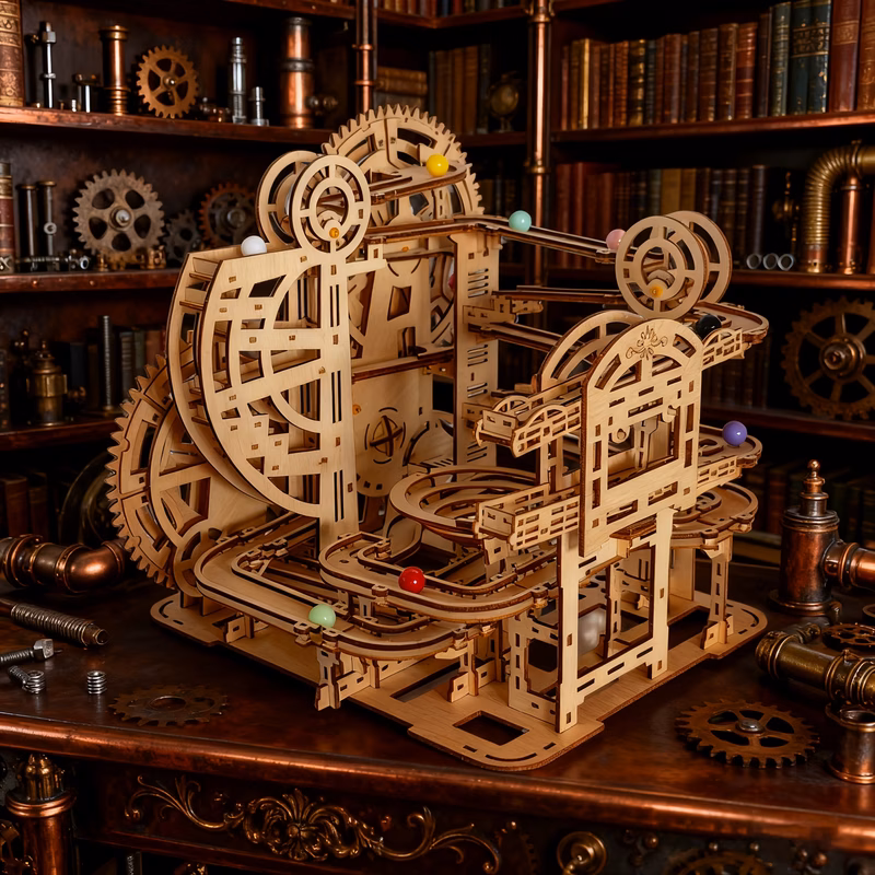 3d wooden mechanical marble gravity with wood marble shooting system gears s birthday christmas halloween gift beige