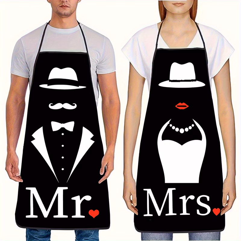 this two aprons for couples the one for mrs showcases a female figure with a hat red lips and necklace while the mr apron displays a male figure in a hat sporting a small beard and dressed in a suit