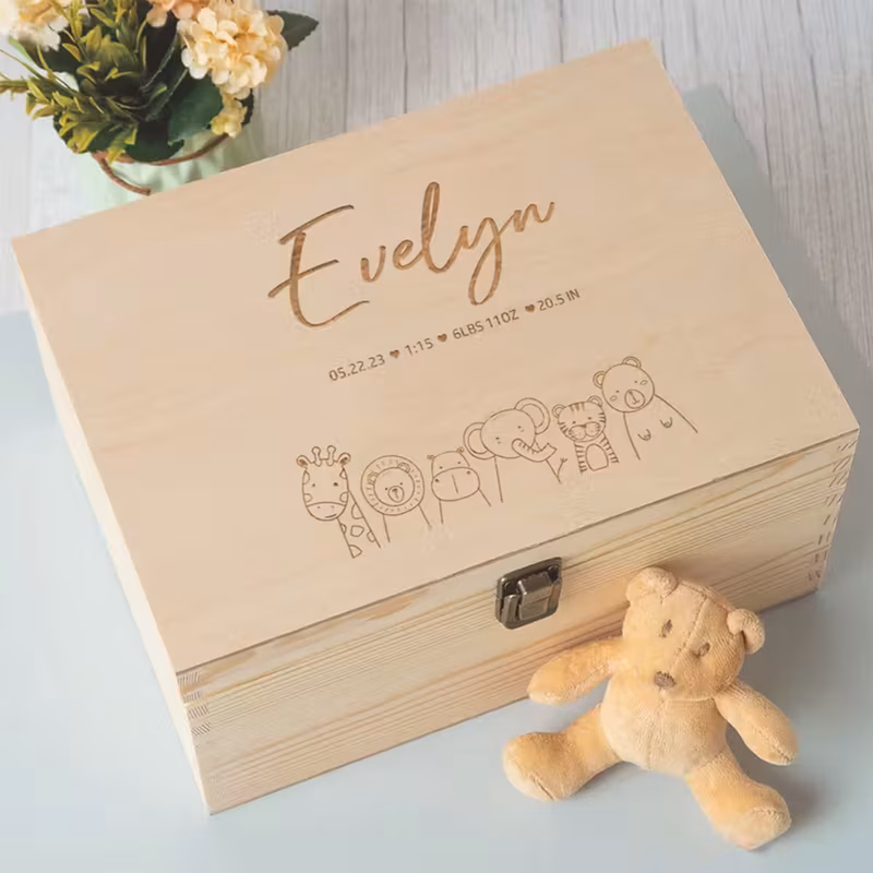 personalized craft storage box and organizer custom solid wood lid storage chest personalized wooden gift box birthday gift box birth keepsake box personalized birth gift christening gift keepsake mem