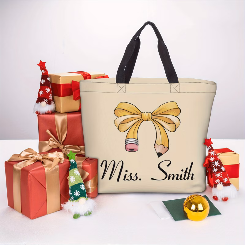 customizable teacher tote personalized with name text of gift for educators featuring a pencil reusable with a zipper a thoughtful thank for teachers