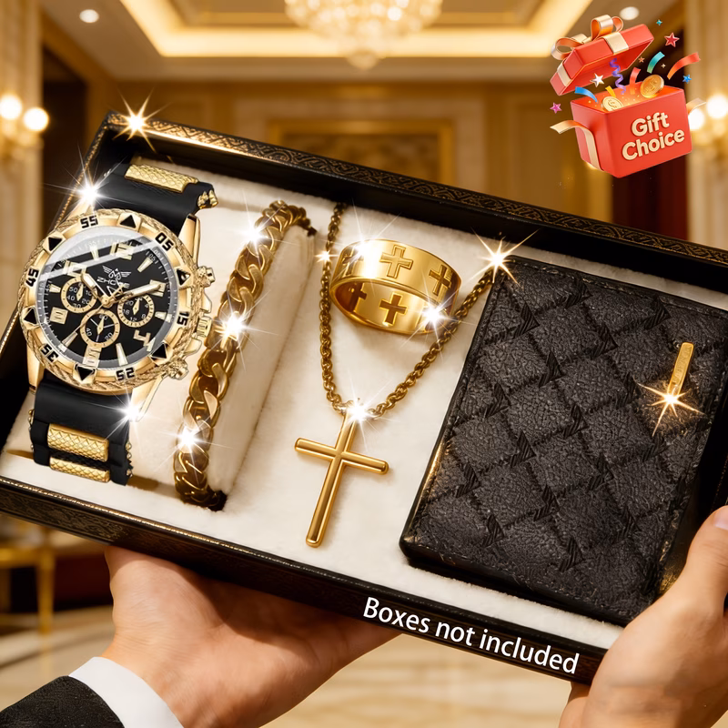 mens watch set 5pcs mens casual sports crystal watch set glossy necklace ring wallet and watch daily wear birthday gift suitable for personal use or gift