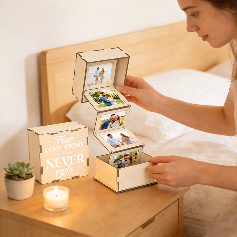 wooden photo box with lid storing romantic keepsakes and photos an ideal gift for valentines day suitable for display on a desk or in a bedroom serving as a home decoration