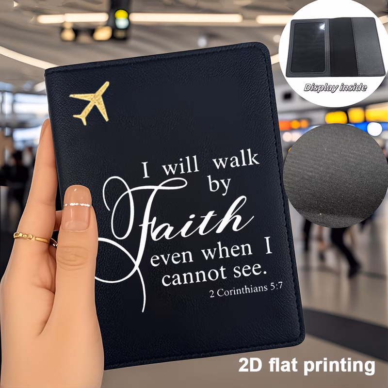 a single piece of a stylish passport holder featuring a faith based bible verse designed for men and women its a practical organizer for travel documents outdoor activities work vacations and everyday