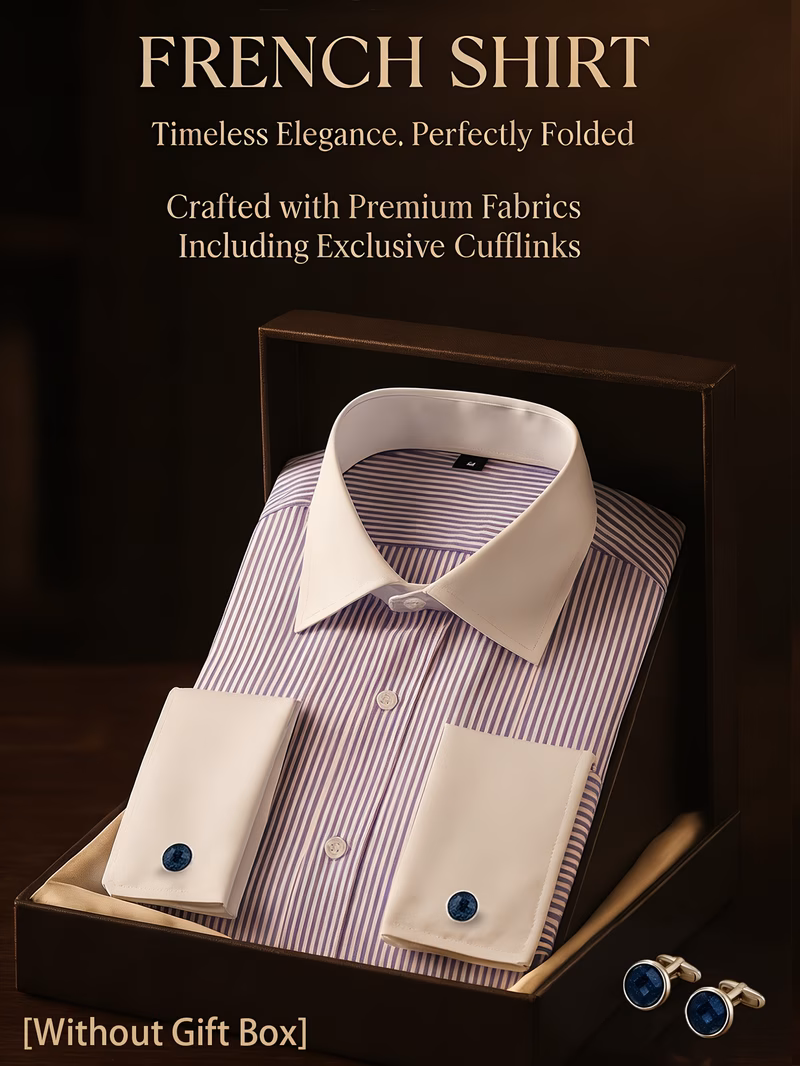 french cuff mens shirt with free cufflinks gift set formal casual office wear for daily commuting business meetings wedding banquet date night elegant vintage style menswear classic gift idea for vale