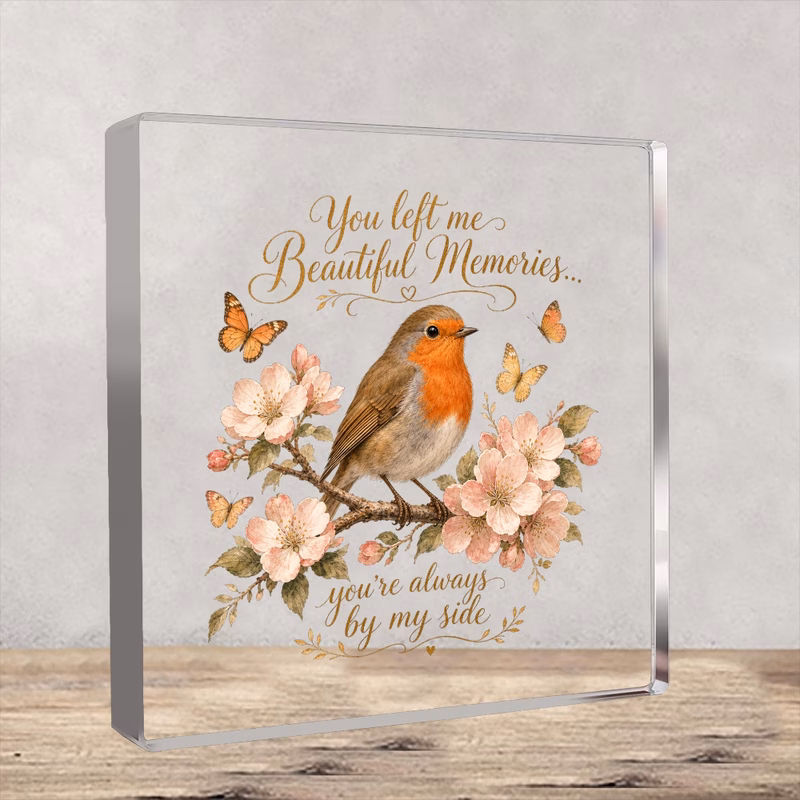 2d flat memorial keepsake gift suitable for loss of vintage watercolor floral robin plaque sympathy tabletop decor with acrylic block for home desk shelf elegant remembrance gift for women bereavement