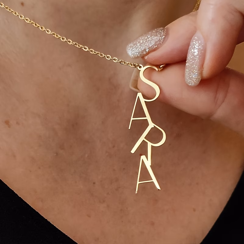 personalized stainless steel name necklace custom vertical lettering design perfect gift for her english only