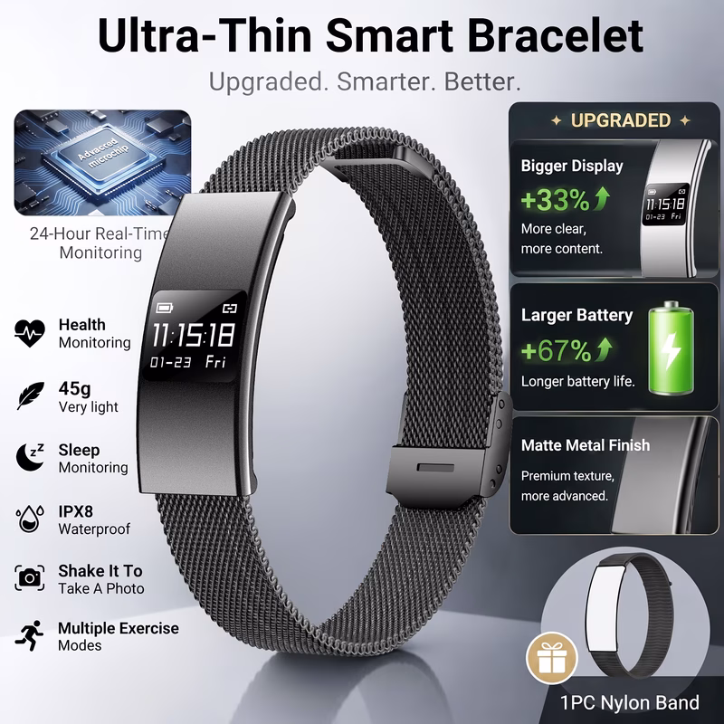 ultra thin smart bracelet for men women premium matte metal fitness with advanced chip smart watch lightweight activity pedometer with 33 bigger display 67 larger battery 24 sleep monitor ipx8 waterpr