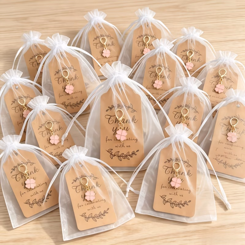 45pcs pink keychain set with white mesh bags thank you tags birthday party favors 15 cards 15 mesh bags 15 keychains