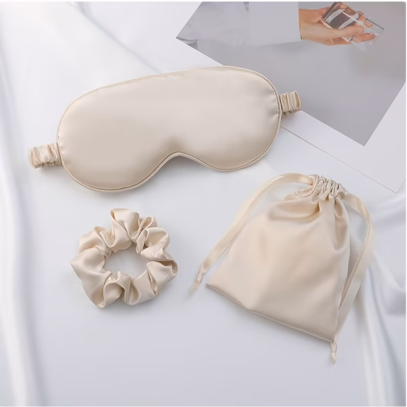 three piece set of silk eye masks with large hair ring storage bag silk eye mask sleep set travel set