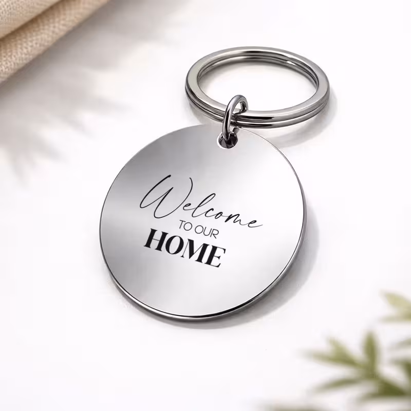 metal laser engraving keychain welcome to artistic font pattern warm for car key pendant backpack additions housewarming gifts daily commuting for housewarming commemorative gifts ins wind