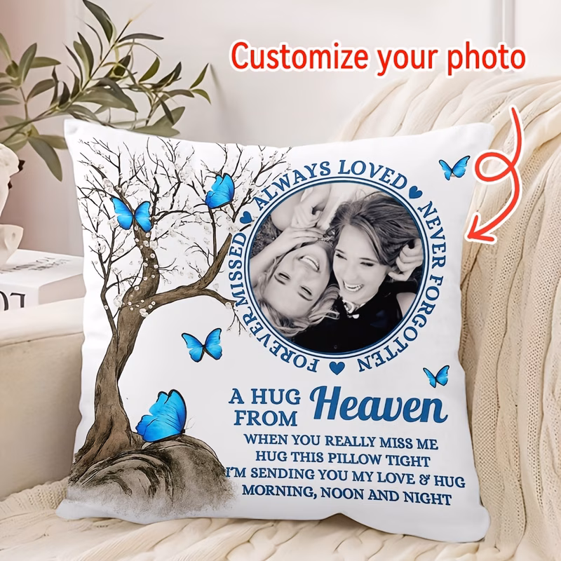 personalized single piece double sided custom memorial pillow cover a hug from heaven a tribute for families made of soft short plush with a zip closure suitable for memorial day decoration
