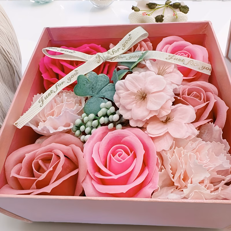 soap flower handmade look artificial rose flower box with scented soap ribbon plastic roses valentines day mothers day gift suitable for decor anniversary birthday wedding desk or table centerpiece