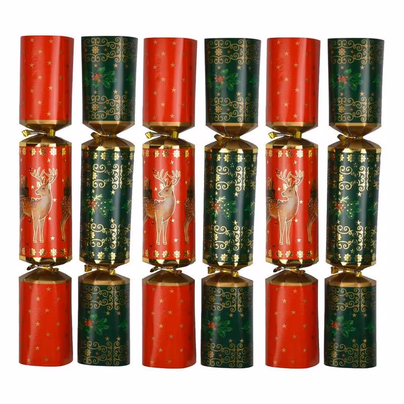 pack of 6 gold reindeer family christmas crackers 12 metallic festive xmas holiday dinner table decorations novelty fun prizes gifts contains hats jokes