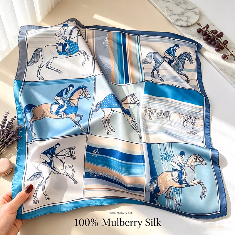 1pc 70 70cm square animal print elegant blue white equestrian horse print with blue satin border 100 lightweight scarf versatile fashion accessory for daily travel hiking gym summer beach