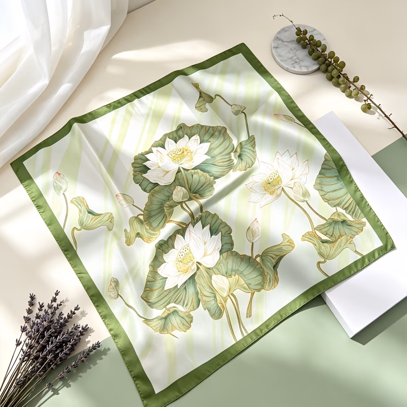 1pc elegant lotus print scarf handkerchief multi functional headband headscarf handbag ribbon womens fashion accessory gift
