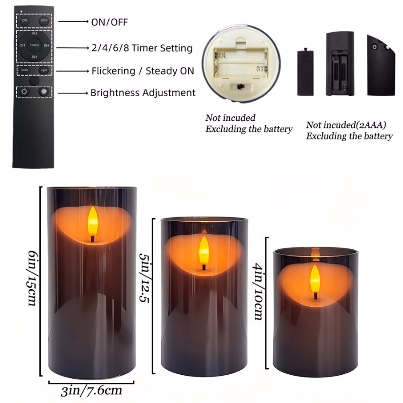 grey slant tip style set of 3 flickering candles with a timer and multi function remote control features a simulated candle 2 aa batteries suitable for holiday decorations such as weddings valentines