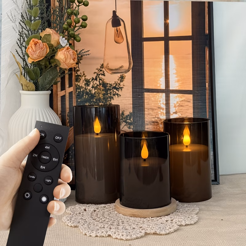 christmas led flashing flameless candles 3 pack realistic 3d flame gradient shimmering candle lights black acrylic candles with 1pc 10 key remote and timer battery not included for christmas home part