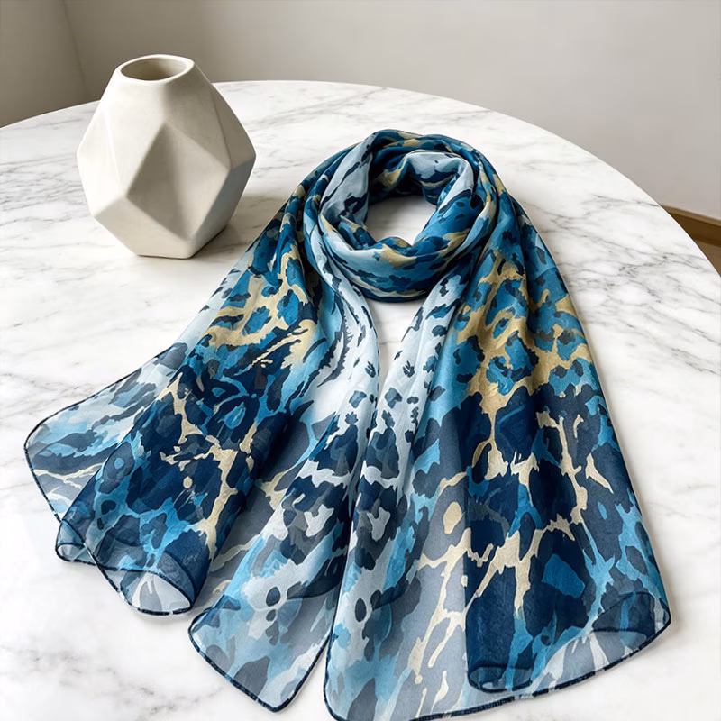 1pc 100 silk shawl blue ink leopard print watercolor blending texture 160x50cm japanese and korean style european style shawl suitable for lightweight and vacations parties