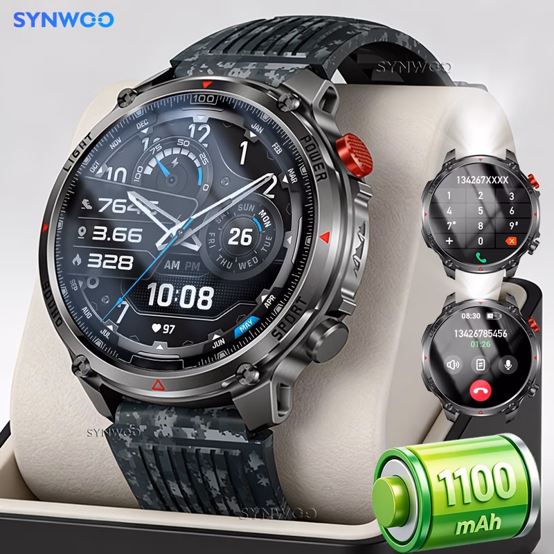 mens sports smartwatch built in 1100mah large capacity battery with wireless call reminder function strong led flashlight diy watch face waterproof fitness black smart watch for iphone and