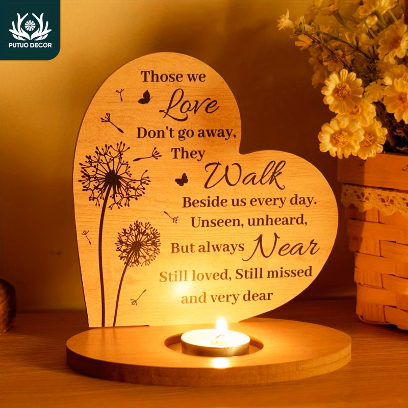 1pc heart shaped wooden candle holder with inspirational quote dont walk us with dandelion designs ideal for home room decor memorial gifts keepsake inspirational decor decorative engravings candle ho