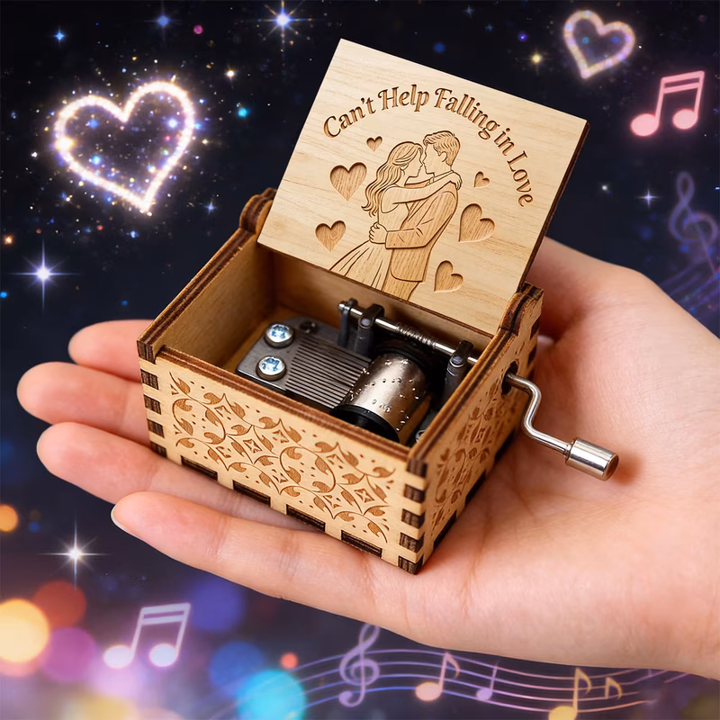 1pc wooden music box hand cranked music box with romantic couple pattern decorative ornament valentines day birthday gift for lover or partner exquisite wood classic cant help theme adds