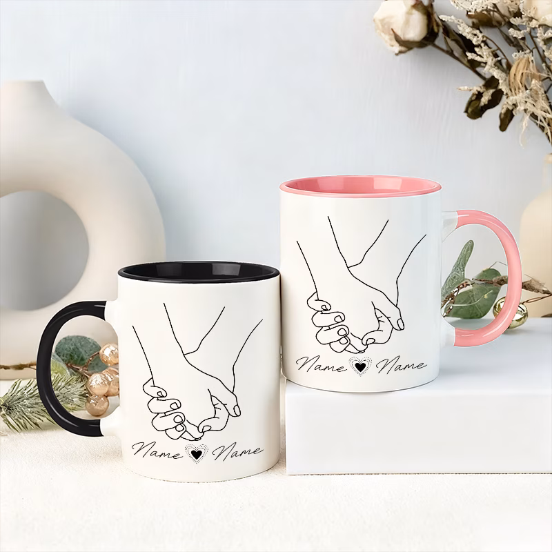 2pcs personalized couples with self name and date hand in hand ceramic coffee cups microwave safe couples tea cups valentines day anniversary wedding gift engraved mugs suitable for gifting microwave