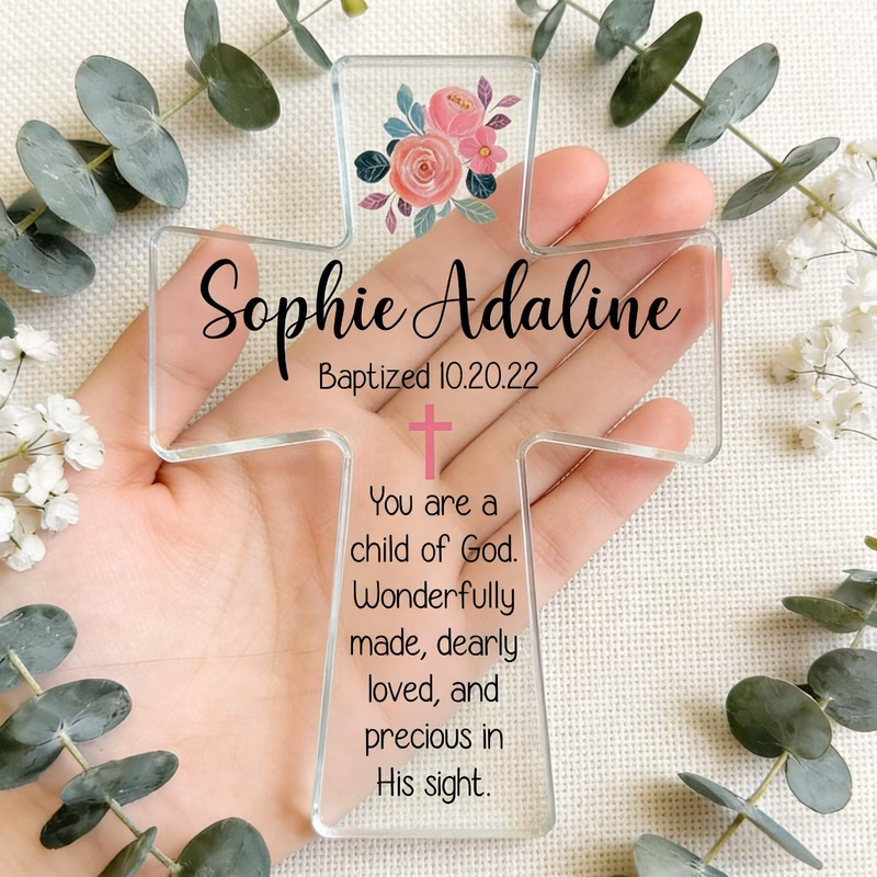 2d flat personalized acrylic cross custom name date christian gift for baby girl christening keepsake religious nursery decor child of god scripture plaque