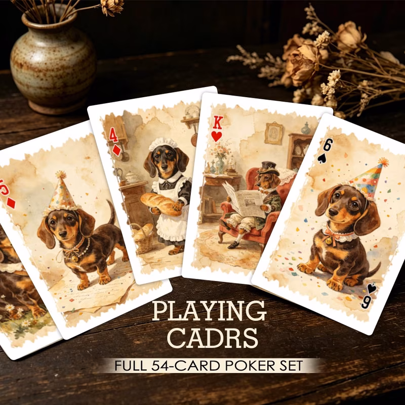 1 set 54 cards for family nights and party games vintage watercolor dachshund pattern standard 54 cards collectible playing cards deck travel size card game gift set for party supplies unique gift for