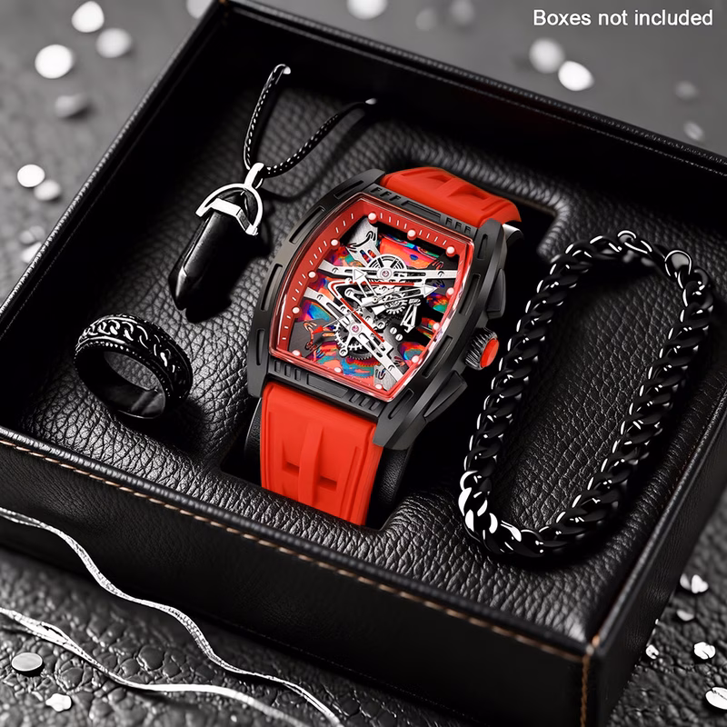 4pcs set new stylish mens trendy shaped quartz wristwatch with silicone strap versatile necklace bracelet and ring combo suitable for daily wear parties valentines day easter christmas new years day h