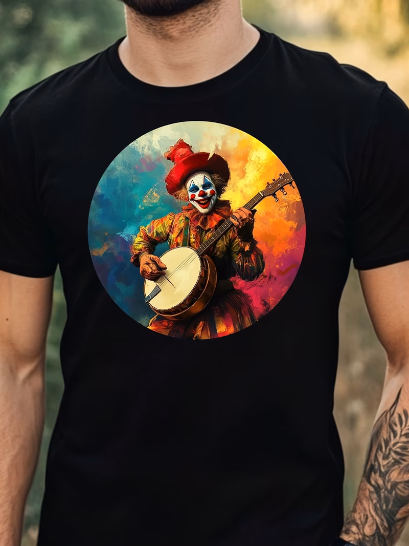 clown plays banjo musical jester circus folk music festival comedy novelty gift cotton 180g men crewneck t shirt