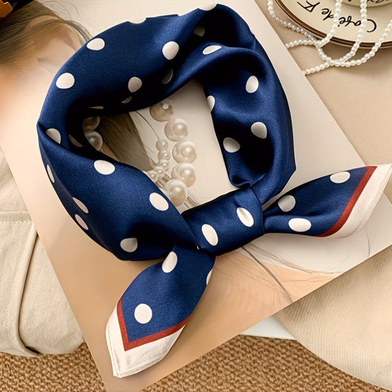 1pc womens square scarf classic navy blue white polka dot print red white contrast trim ultra friendly breathable suitable for daily hiking multifunctional fashion accessory