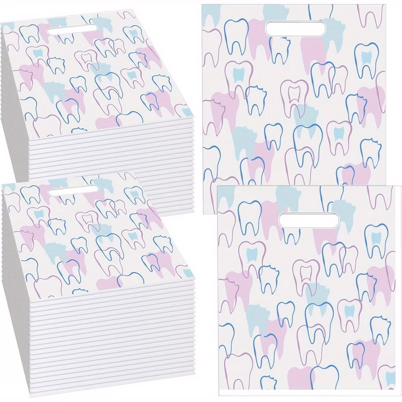 50 100 200pcs dental goodie bags with handles pastel tooth design plastic gift bags for office thank you gifts patient appreciation events retail party favors durable lightweight dental gifts