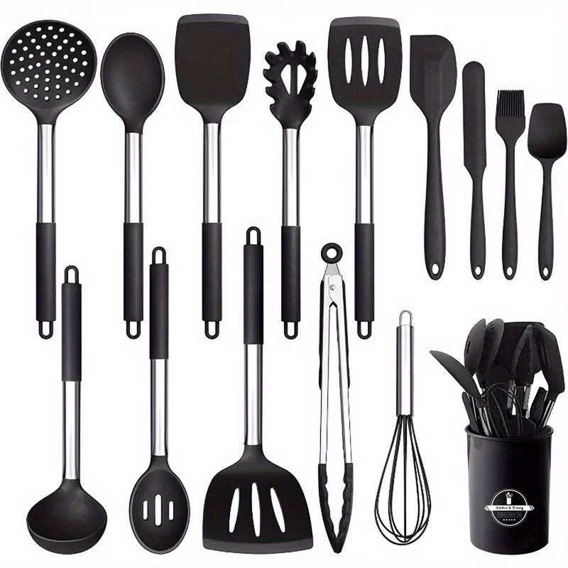 15pcs silicone kitchen utensil set with wooden handles non stick stainless steel grater bottle opener cooking baking