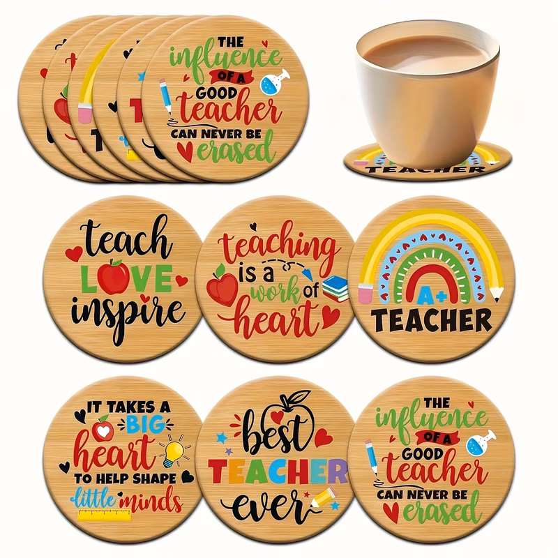 6pcs wooden coasters with teachers day gratitude quote patterns round shape perfect as holiday gifts for teachers day thanksgiving and other festivals this set of non slip kitchen coasters is suitable