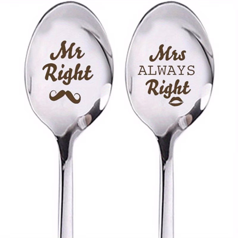 coffee engraved spoons 2pcs and mrs right stainless steel spoon set for wife husband boyfriend girlfriend anniversary christmas wedding valentines day gifts tea dessert
