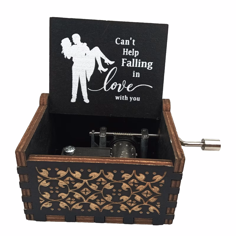 vintage style hand crank music box engraved artificial wood romantic couple silhouette cant help no battery needed birthday anniversary valentines gift for her him home decor keepsake music note decor