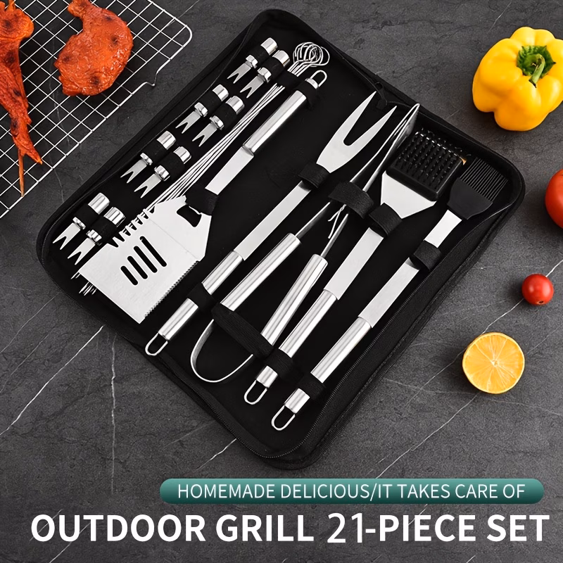 21pcs barbecue tool set outdoor grilling equipment with storage bag skewers forks knives spatulas tongs brushes camping cooking utensils and kitchen supplies