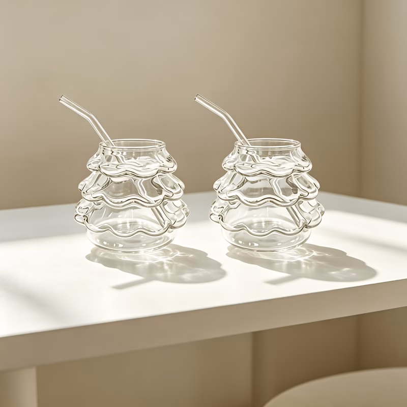 4pcs set 2 glass cups 2 glass straws christmas tree shaped glass cups with glass straws cute holiday drinkware suitable for iced coffee milk juice cocktails ideal for christmas table decor a holiday g