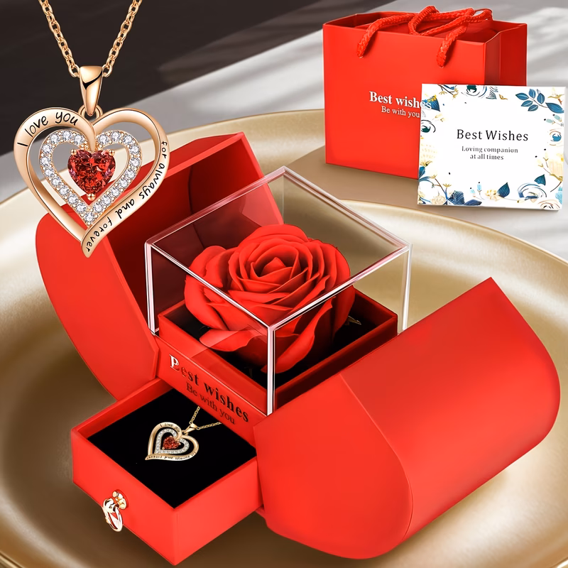 valentines day romantic date necklace set with red rose flower box to to wife lover girlfriend premium gift elegant necklace set