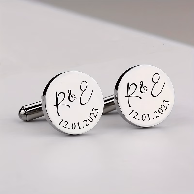 custom couples initials cufflinks personalized date cufflinks stainless steel geometric round cufflinks black printed letters cufflinks gift for him commemorative gift man gift gift mens fashion jewel