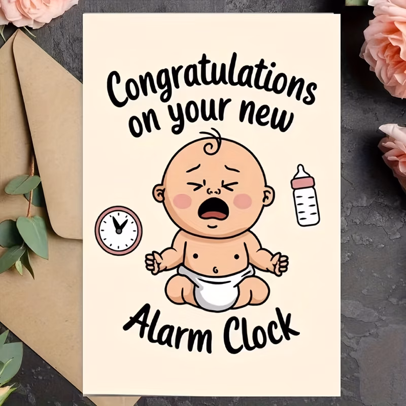 1 2 3pcs newborn congratulations card featuring cartoon illustrations of a baby an alarm clock and a baby bottle humorous congratulations on your alarm clock message the christening or birth announcem