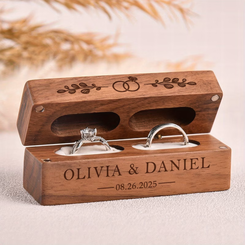 1 walnut ring box magnetic design elegant floral pattern engraved name and date durable wooden jewelry box suitable for wedding anniversary valentines day bridesmaid gift jewelry boxes