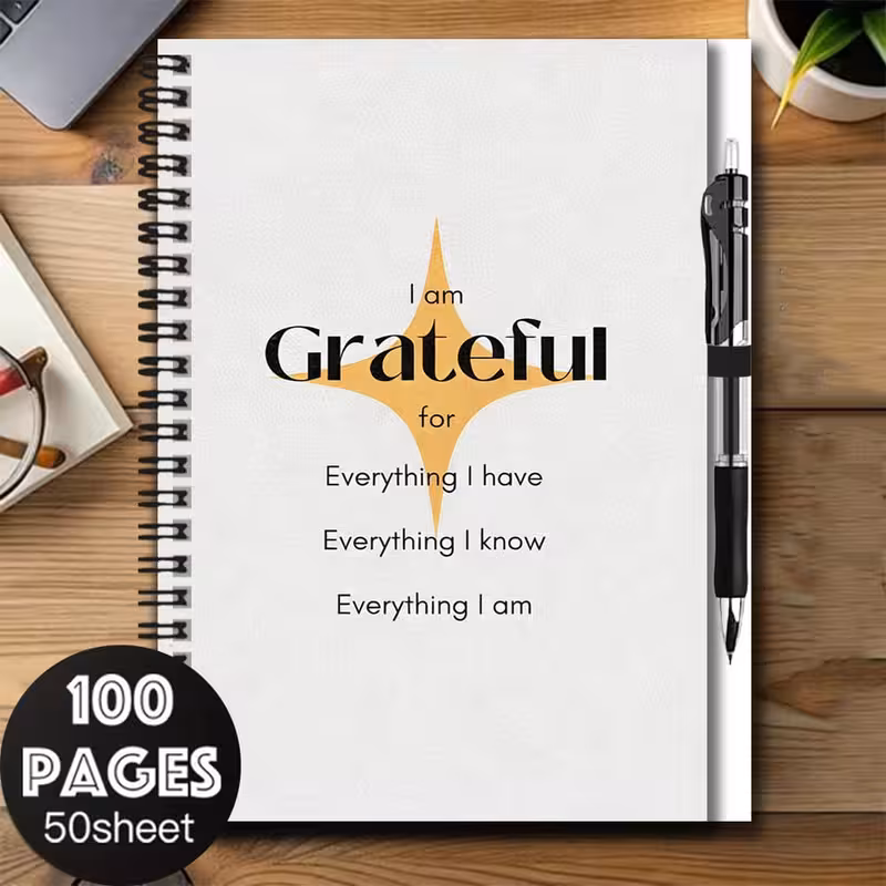 a set of gratitude themed stylish spiral bound notebooks with a beautiful pen 100 page large capacity the easy and elegant cover everything i have making it a gre
