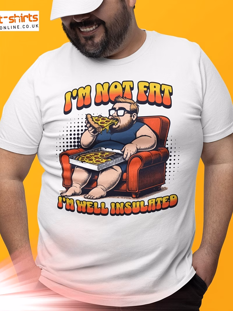 mens short sleeve t shirt with a humorous slogan stating im not fat a stylish crew neck tee