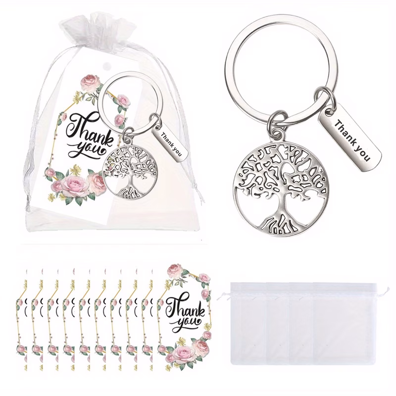 60pcs tree of life keychain gift set with thank you cards white organza bags and hollow metal keychains ideal for weddings graduation first communion company parties teacher appreciation and inspirati