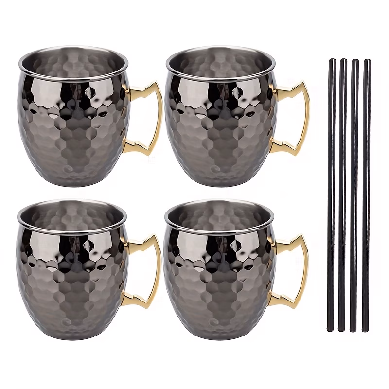 pack of 4 hexagonal hammer point mule mug set with 4 straws cocktail gift set with golden handle stainless steel drop resistant and easy to clean halloween christmas gift for bars restaurants 500ml 16